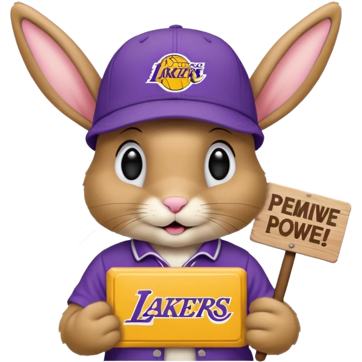 A tanish bunny with a Lakers hat and a sign that says "peewee" emoji