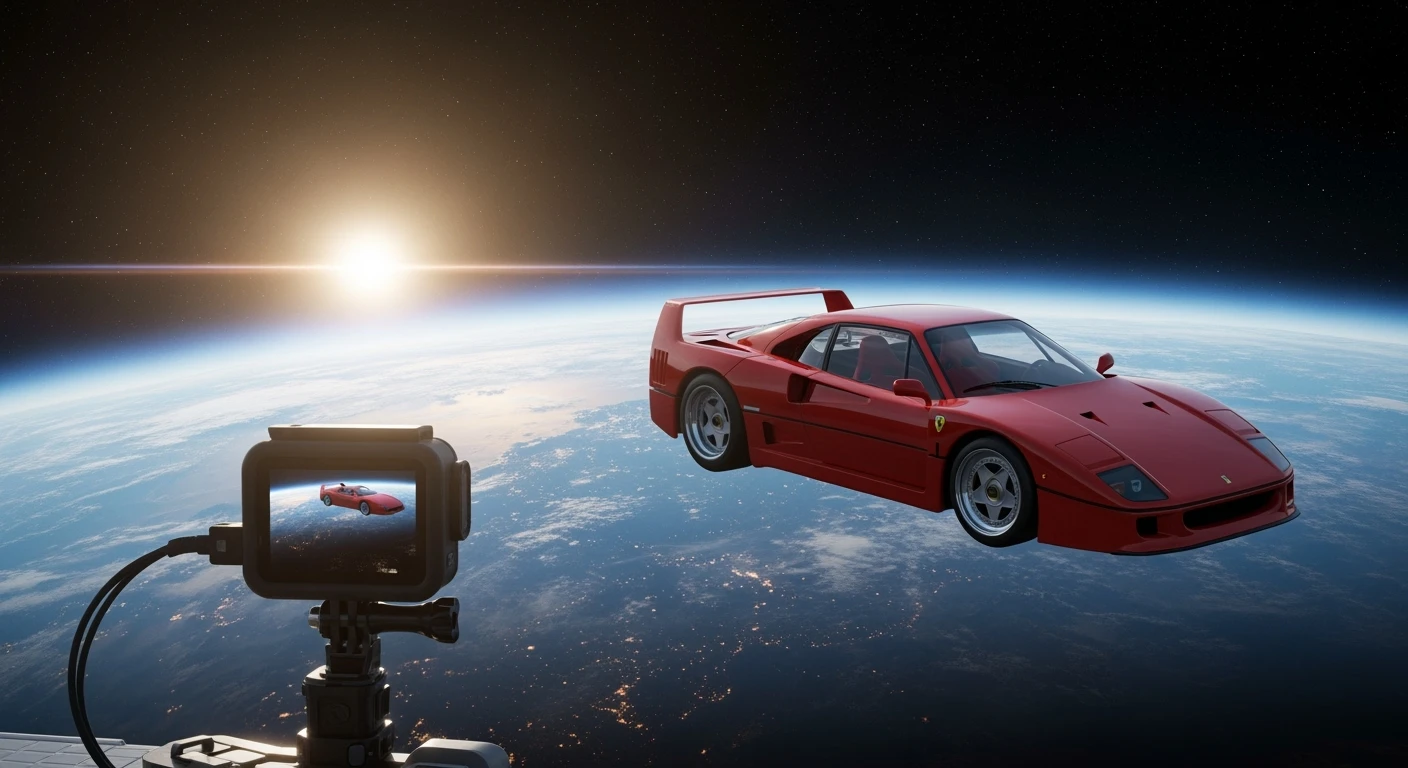 Cinematic still of a ferrari f40 floating in space, shot by space camera connect to spaceship, sun flare, big earth in background, captured by gopro emoji