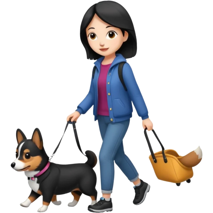 Girl Walking a black corgi  emoji
