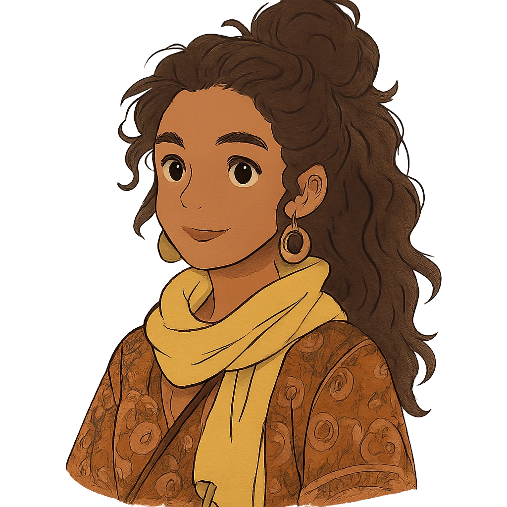 bohemian style girl with brown skin, long brown curly hair tied high, wearing a lemon yellow scarf and round earrings emoji