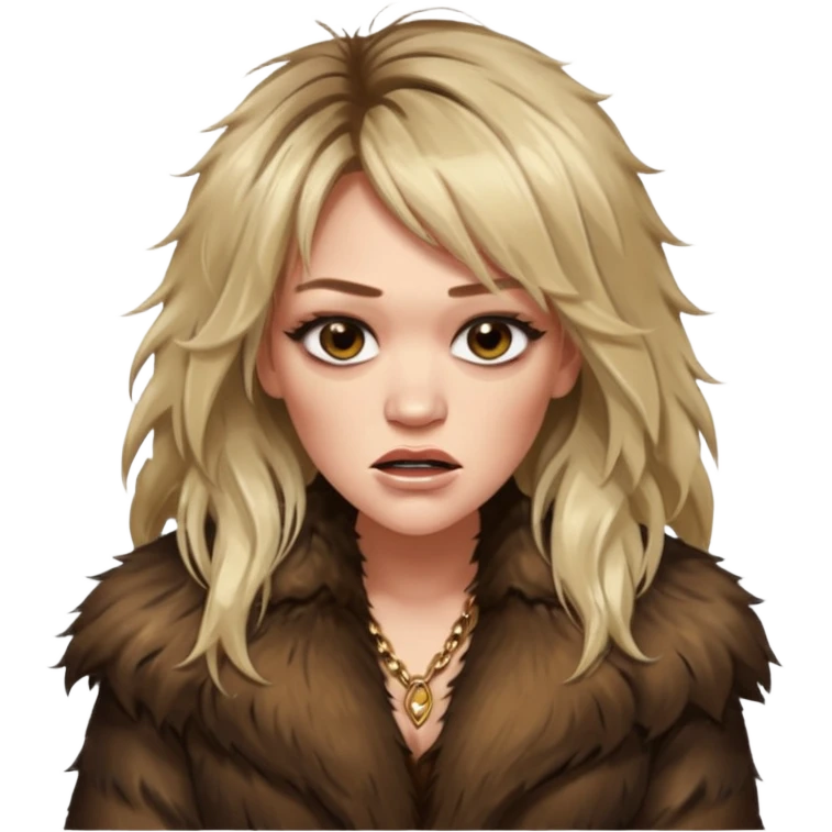 Cinematic realistic ultra HD up profile, angry, glamorous extremely made up Hilary Duff extremely long long hair in shaggy fur coat with bronze flash emoji
