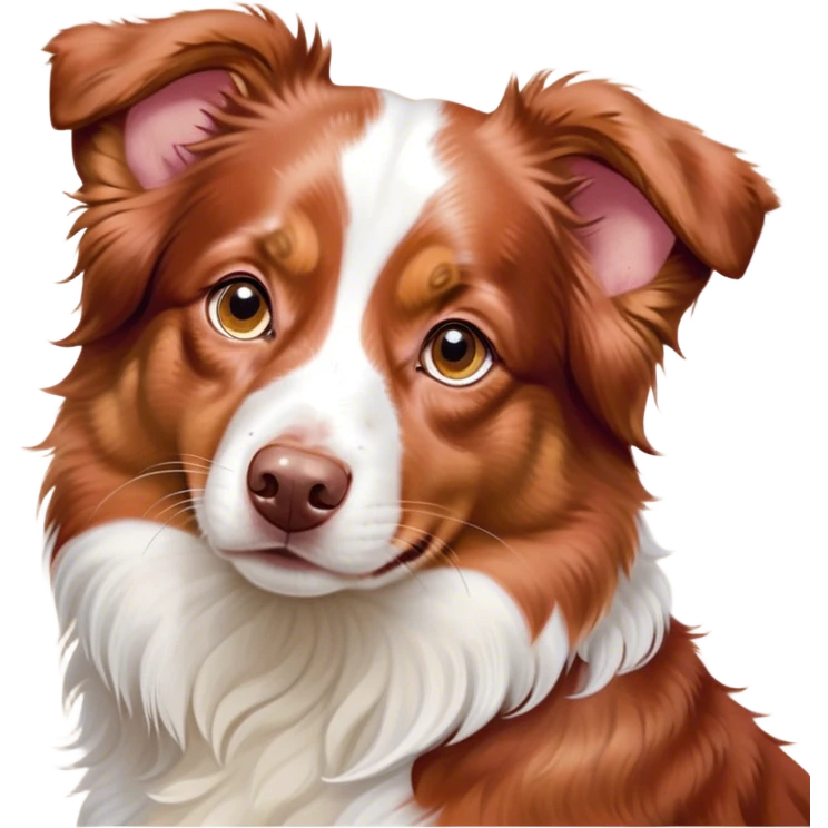 Cinematic Cute Red Merle Australian Shepherd Portrait Emoji, Head tilted playfully and inquisitively, soft red merle fur with delicate white markings, round, sparkling amber eyes filled with curiosity, Simplified yet irresistibly adorable features, highly detailed, glowing with a warm, friendly glow, high shine, affectionate and lively, stylized with a touch of whimsy, bright and endearing, soft glowing outline, capturing the essence of a mischievous yet loving pup, so playful it feels like it could bound out of the screen and into your arms! emoji
