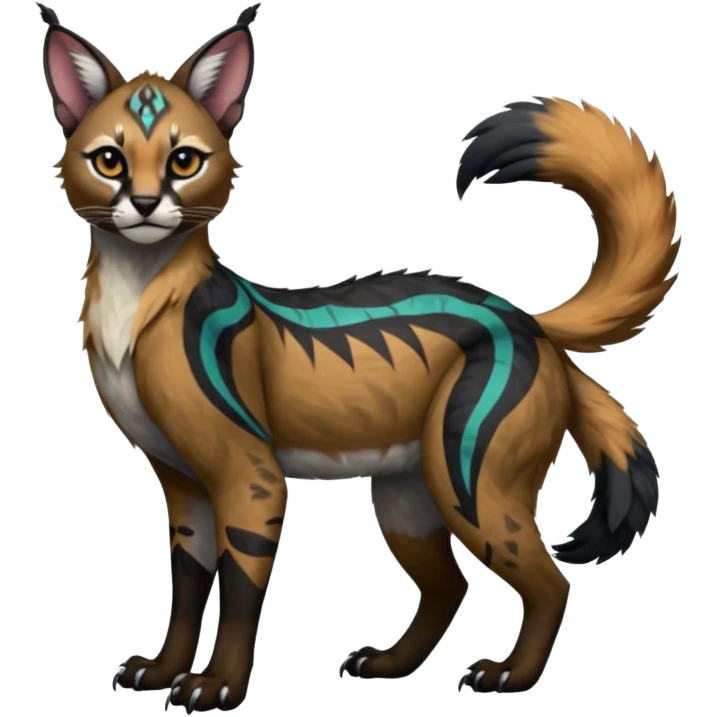 Colorful dark black gloomy spooky pointy foggy smoky points-marked tribal patterned glorious colorful hyper-realistic exotic cute cool beautiful beautiful fantasy-caracal-civet-genet-sergal-vernid-Gryphon-Cacomistle-Trico-oncilla-animal-Fakémon-hybrid-fursona (full body) emoji