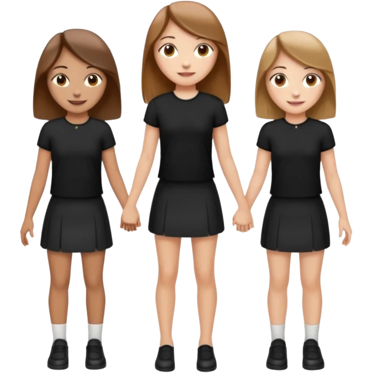 emoji of a girl with long, straight light brown hair, fair skin, soft brown eyes. Wearing a stylish black top and mini skirt. Full-height, standing confidently with shoulders back, head up, smiling proudly. Surrounded by 3men and one woman next to her, holding hands. emoji