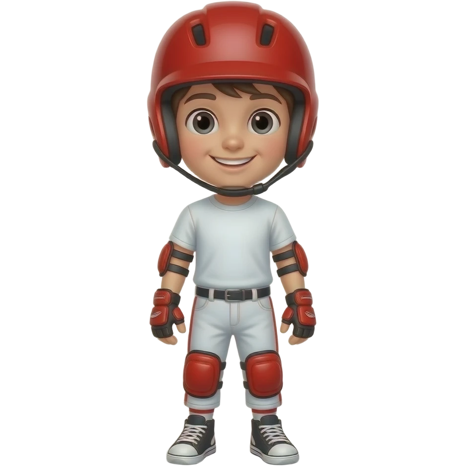 Child standing upright, wearing red elbow pads and knee pads, red helmet, ready-to-play expression, front-facing pose. emoji
