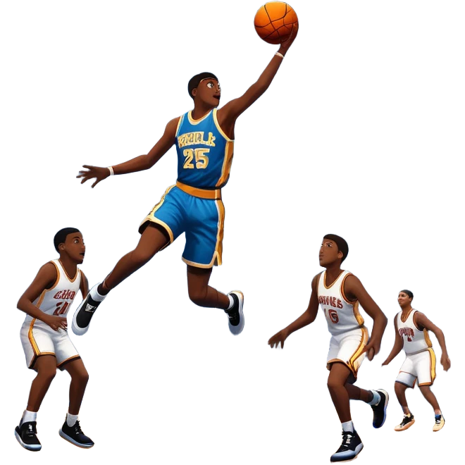 An icon featuring a basketball court with players in action, inspired by NBA 2K25. A player jumps for a dunk, with the ball mid-air. Bright lights illuminate the court, symbolizing the excitement of sports simulation games. Transparent background emphasizes the energy. emoji