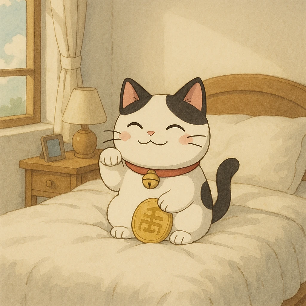 White and black Chinese lucky cat in a cozy white bedroom, kawaii  emoji