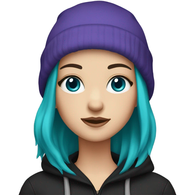 White girl, blue eyes, long teal hair, purple beanie hat, black hoodie emoji