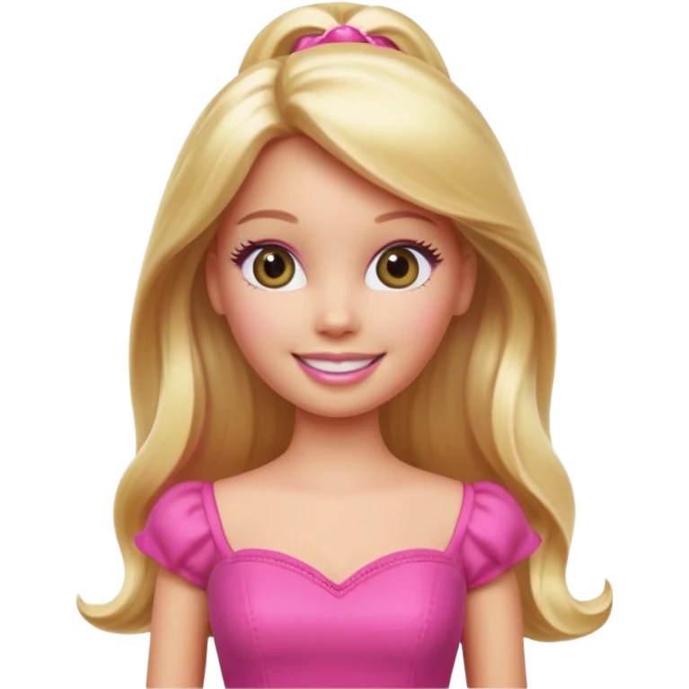A Barbie-inspired Apple emoji character, big shiny emoji eyes, long blonde hair, wearing a pink dress, smiling, 3D Apple emoji style, clean white background, soft shading. emoji
