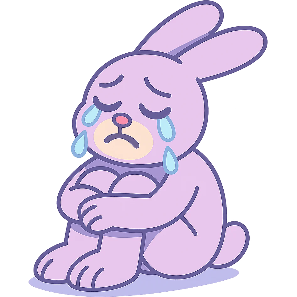 lilac bunny hugging knees while crying, soft emotional expression, pastel toon style emoji