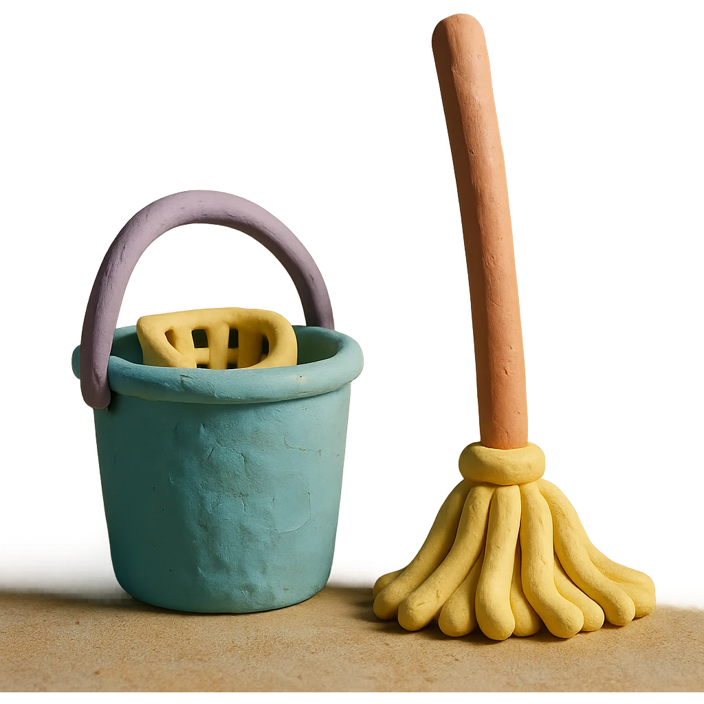 bucket and mop in claymation style, pastel colors, visible fingerprints, soft matte finish emoji