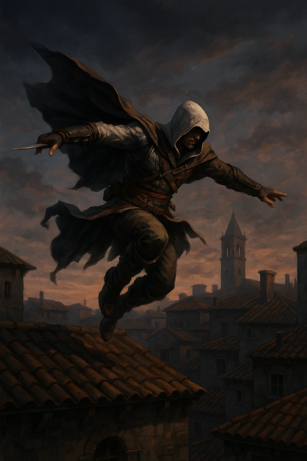assassin's creed character leaping from a rooftop, cape flowing, dramatic action emoji