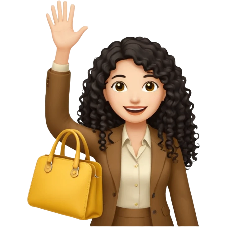 medium deep tan brown business woman with long black curly hair, waving hand with happy face with smile mouth and carrying bag on her shoulder and the other hand holding yellow stanley tumblr emoji