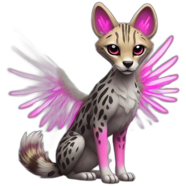Coyote ocelot standing with grey and black fur and phoenix wings on back and pink ears half skeleton, neon lights emoji