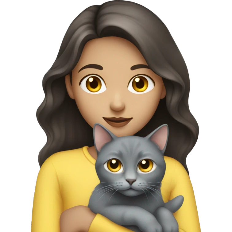 Girl with long dark brown hair and blue eyes holding a gray cat with yellow eyes emoji