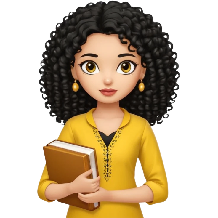 a pretty bratz girl with curly black hair wearing a yellow kurti, eyeliner, jhumkas, carrying books emoji