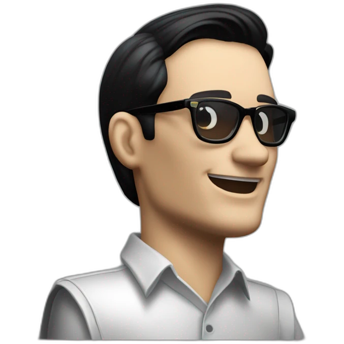 small photo realistic right arm waving not smilling Ralf Hutter from Kraftwerk, short straight black hair, Dark Brown eyes, black glasses, thin, black shirt, left side view emoji