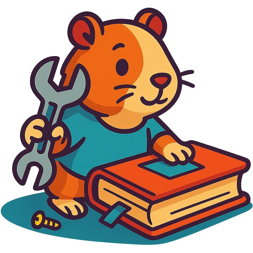 guinea pig holding a wrench and fixing a book, vibrant toon style emoji