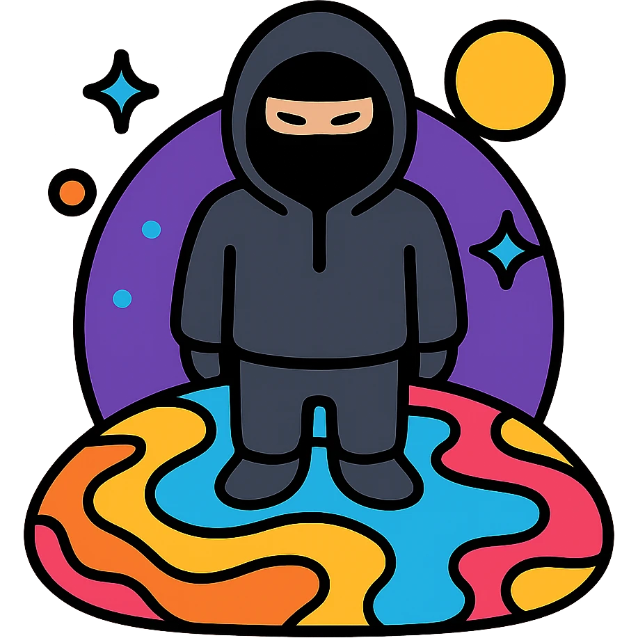 Figure in black hoodie and mask standing on vibrant cosmic earth surface, psychedelic colors flowing beneath feet, surreal cosmic sky above emoji