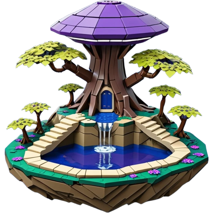 Crashed Alien saucer pool-castle jungle Lego winding footpath mountainside getaway haunted nighttime landscape antique mudman very old broken cracked intricate Stone Age lapis-crusted irregular dodecagon-shaped shallow dark moss rough bark violet flowered maple treehouse bonsai emoji