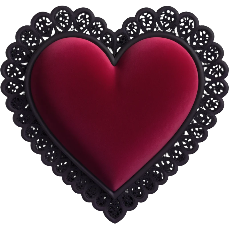 3D emoji style heart, dark crimson velvet texture, black lace trim, gothic and romantic emoji