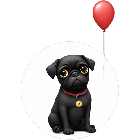 Black pug  and a ballon that says  “I’m sorry” emoji