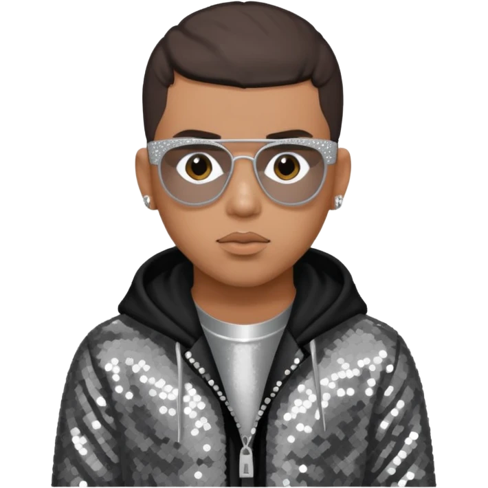 Bad Bunny, Puerto Rican Rapper with dark brown hair, gray sequin outfit emoji