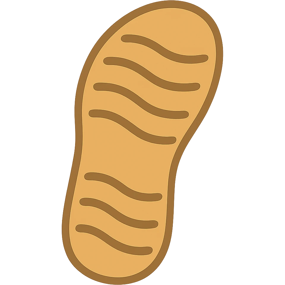 Edit the image to depict a flat sandal sole with minimal detail, viewed from the bottom and matching the angle of the reference image, in emoji style. emoji