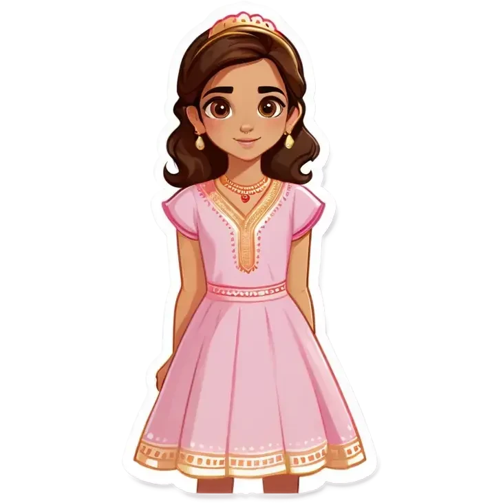An Indian girl in a cute light pink dress with a medium length brown hair with brown golden eyes with a bit of coquette  emoji