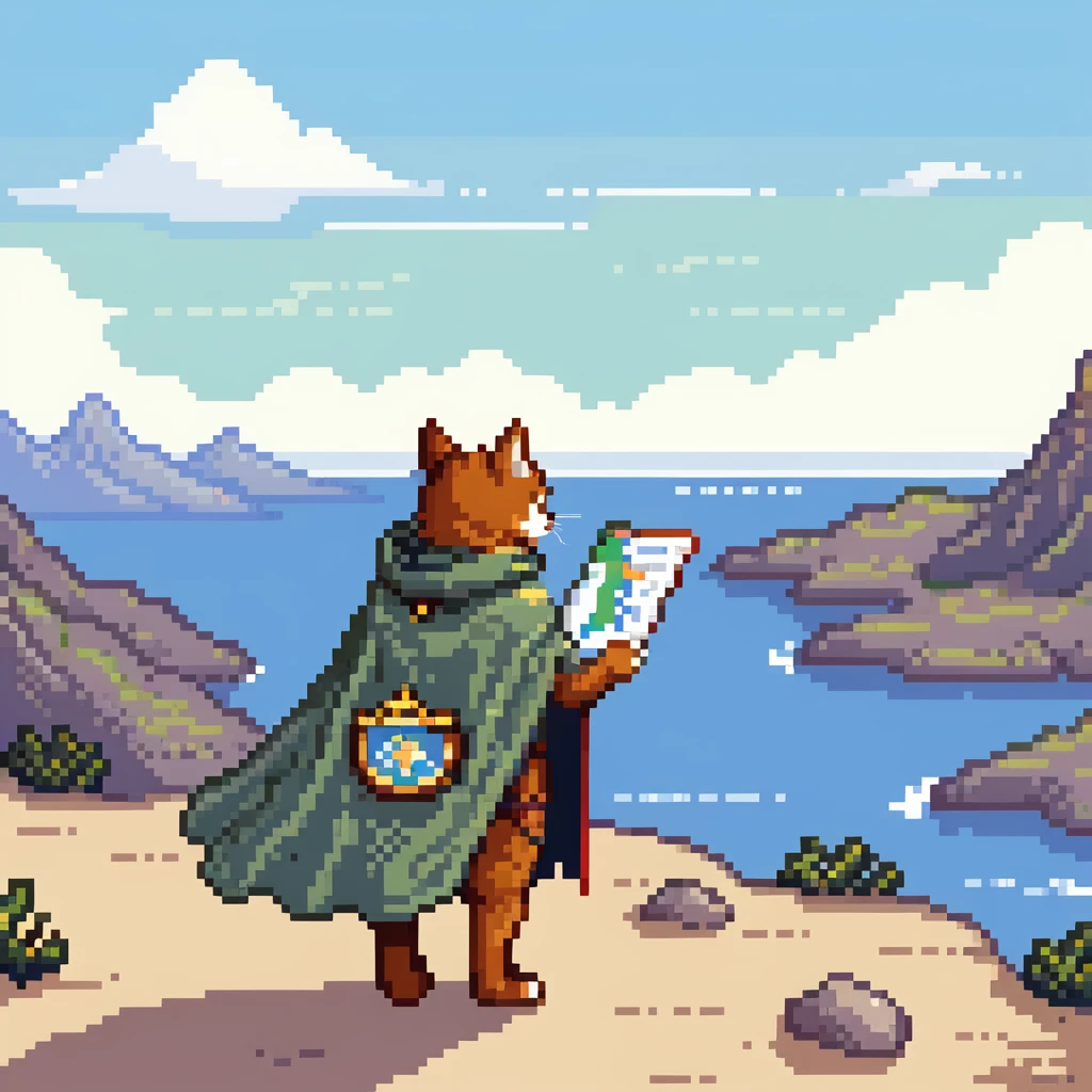 Explorer cat with map, mountain landscape with stars, wearing light explorer outfit with cape blowing in wind, gazing at horizon emoji