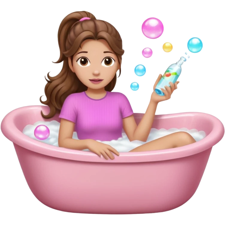 girl with wavy long ponytail brown hair, brown eyes, light to medium complexion, long lashes, light pink lipstick, wearing light pink shirt, lying full body in a freestanding bathtub with bubbles emoji