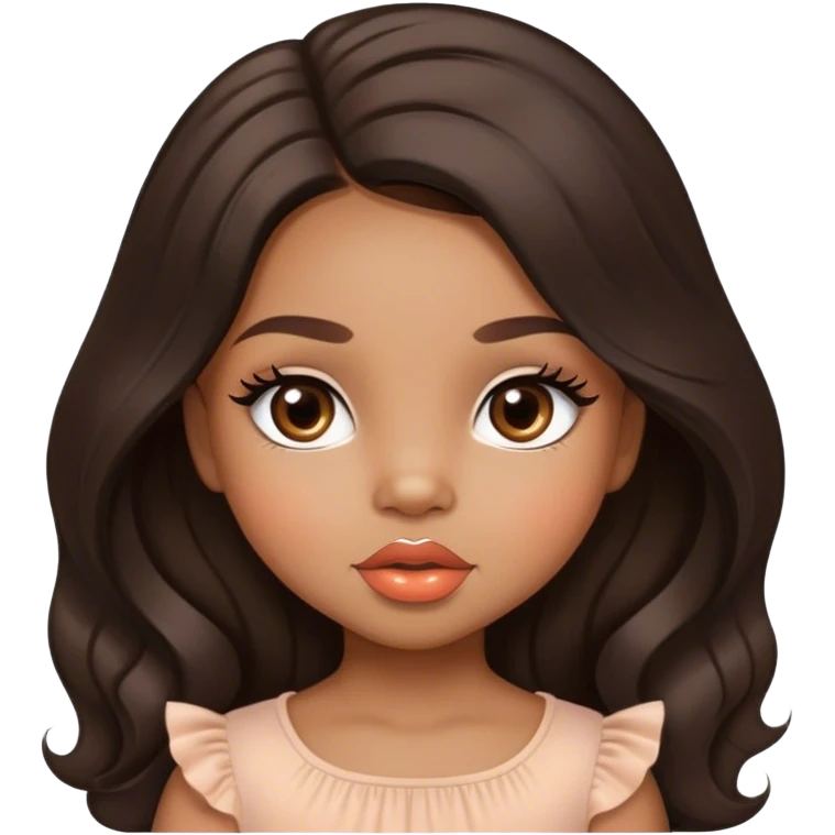 Glamourous, light brown skin tone, very beautiful toddler, with big plump peach-beige lips, long long lashes, black wavy smooth long hair, straight parting hair, brown eyes emoji