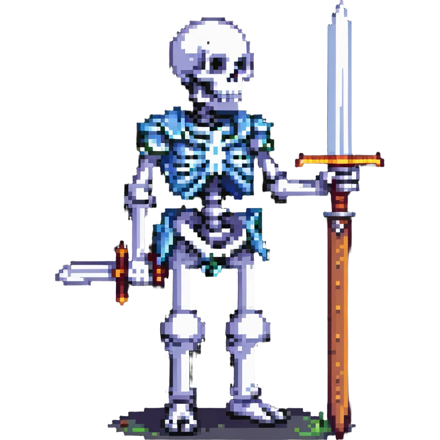 pixel art skeleton with a raised sword, classic RPG vibe emoji