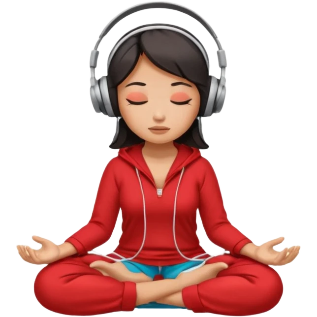 An East Asian woman🧘🏻‍♀️ is sitting cross-legged in a meditation pose, wearing Apple headphones🎧 and listening to music. The song is so beautiful that she has her eyes closed and tears streaming down her face. emoji