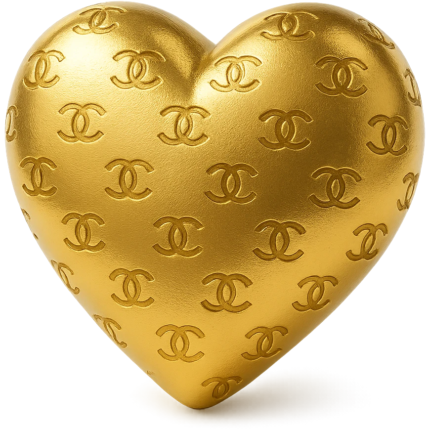 Chanel heart in metallic gold style with a subtle Chanel logo pattern, minimalist and chic emoji