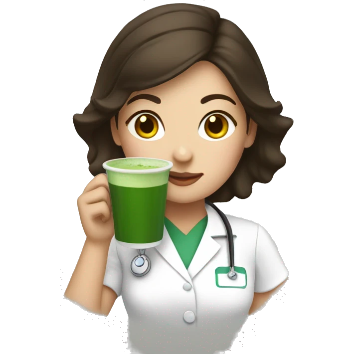 Brunette nurse drinking matcha latte emoji
