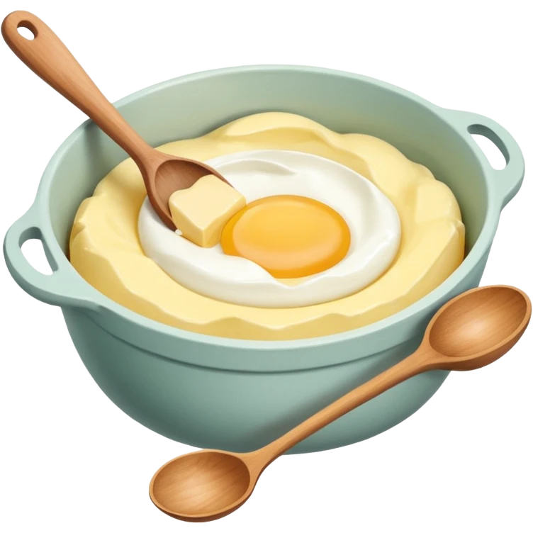 A carton of eggs, butter and a cream ceramic baking bowl with a wooden spoon in it emoji