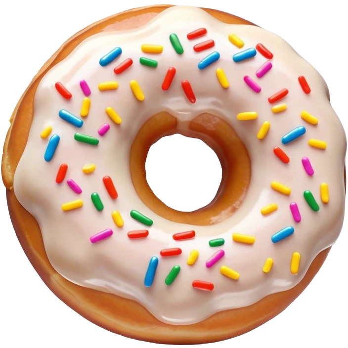 Cinematic Realistic Donut Dessert Emoji, depicted as a fluffy glazed donut with colorful sprinkles rendered with detailed textures and playful, warm lighting. emoji