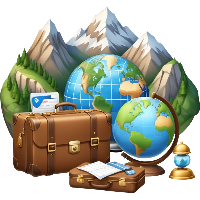An icon featuring a suitcase, a hotel bell, and a globe, symbolizing tourism and hospitality. The design includes a scenic landmark, like a mountain or beach, and a check-in desk, representing travel and accommodation services. Transparent background emoji