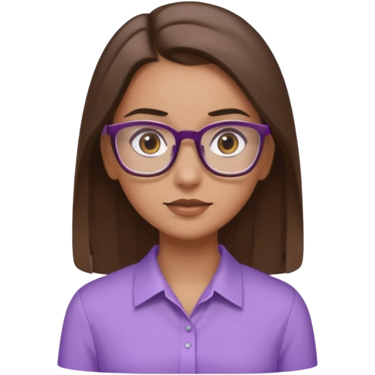 Imagine a pretty girl with slightly light brown skin with big brown eyes and glasses. She has straight long brown hair in a slick back and is wearing a light purple shirt emoji
