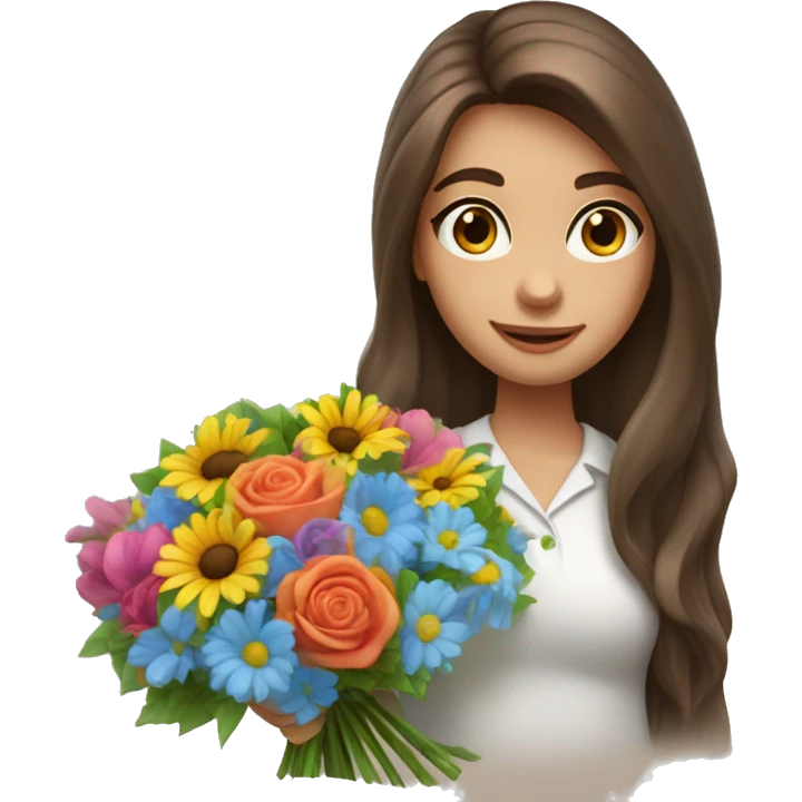 florist girl with long blowout brown hair and blue eyes with a colorful bouquet in the hand  emoji