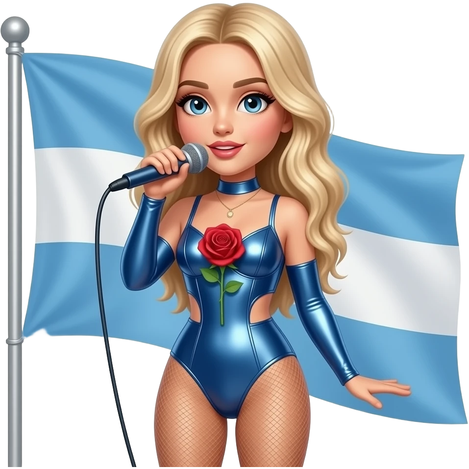 Sabrina carpenter blonde hair  in a metallic blue bodysuit with a rose on the chest performing at a concert with an Argentinian flag in the background emoji