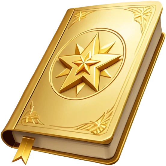 A shimmering gold book with a radiant glow, floating slightly as if under a spotlight. Its cover features a bold, star-like sigil ✨, symbolizing influence and magnetism. Light halo effects or sparkles surround it, giving off an aura of effortless charm and star power. emoji