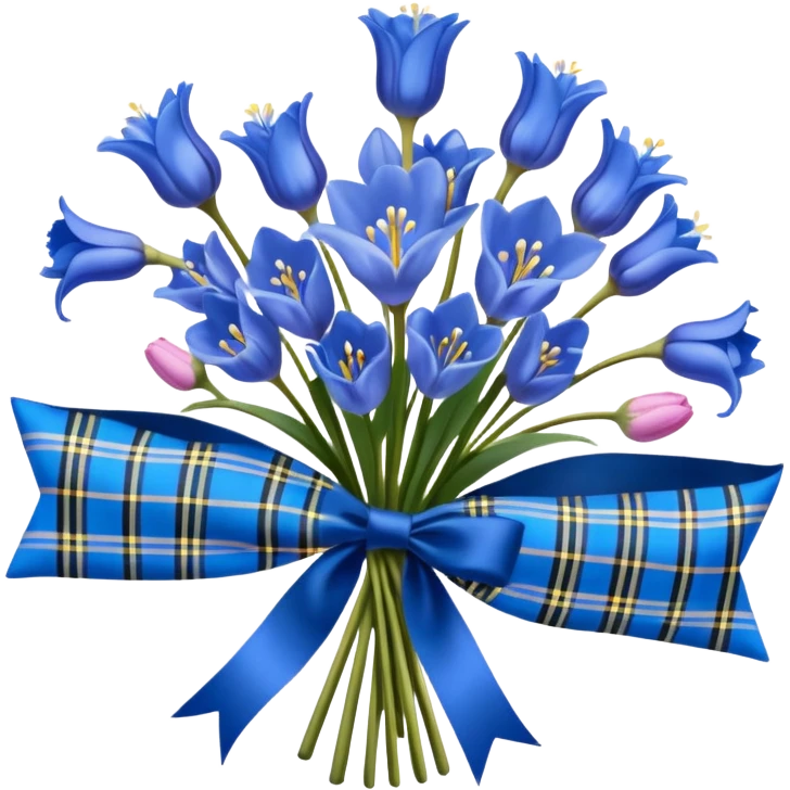 A lush bouquet of bright blue color bluebell black satin ribbon, , with a pale yellow and pink plaid pattern table cloth emoji