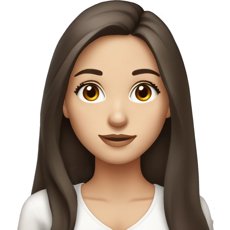 Brunette long hair girl portrait  wearing low cut white top and has brown eyes with long eyelashes emoji
