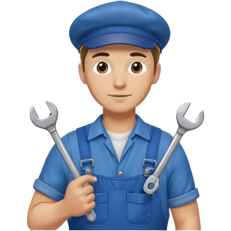 Russian male factory worker wearing overalls and a flat cap holding a wrench emoji