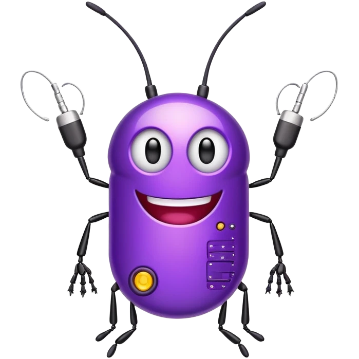 fun purple optiwatt bug with antenna, smiling face, and a tech circuit pattern on its body emoji
