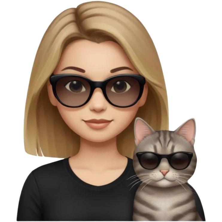 white woman with light brown ombre hair, black shirt, opaque black sunglasses, smirking, grey tabby cat wearing sunglasses, both looking cool emoji
