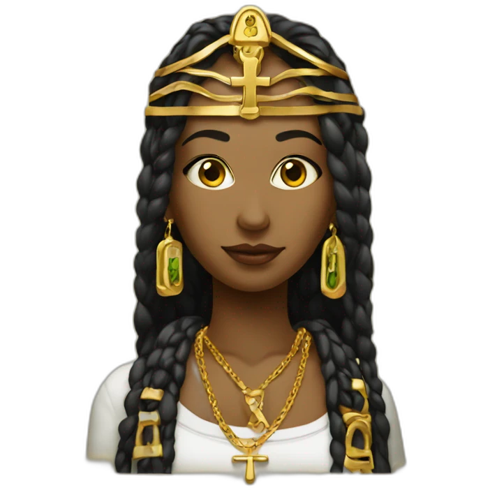 Virginie with a gold necklace with ankh emoji