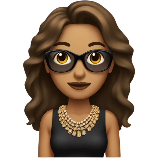 tan woman with brown hair and a  black dress and a lot of jewelry and sun glasses emoji
